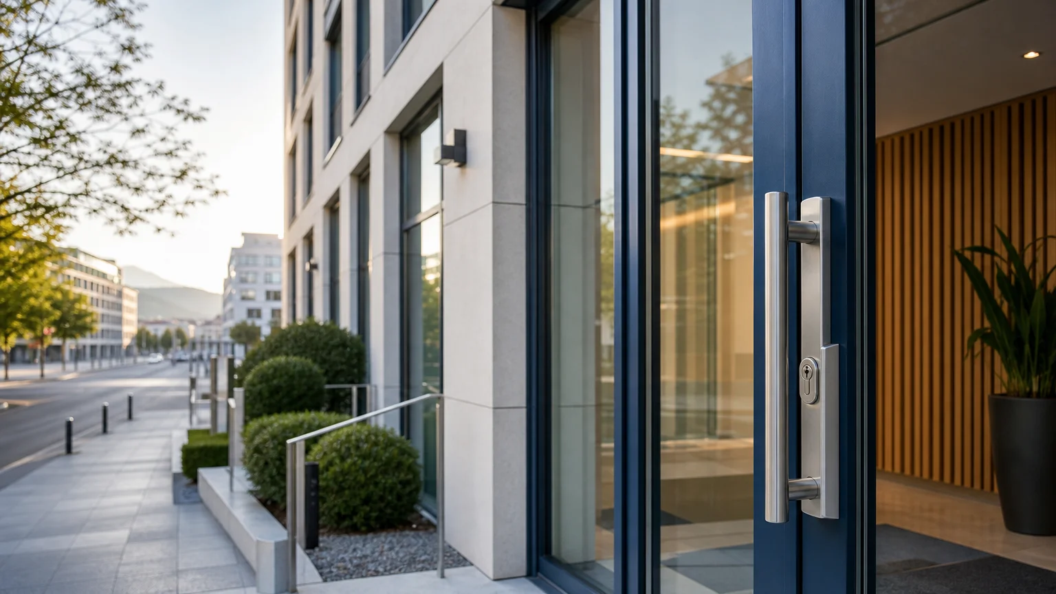 Porte d’entrée sécurisée d’un bureau professionnel à Genève