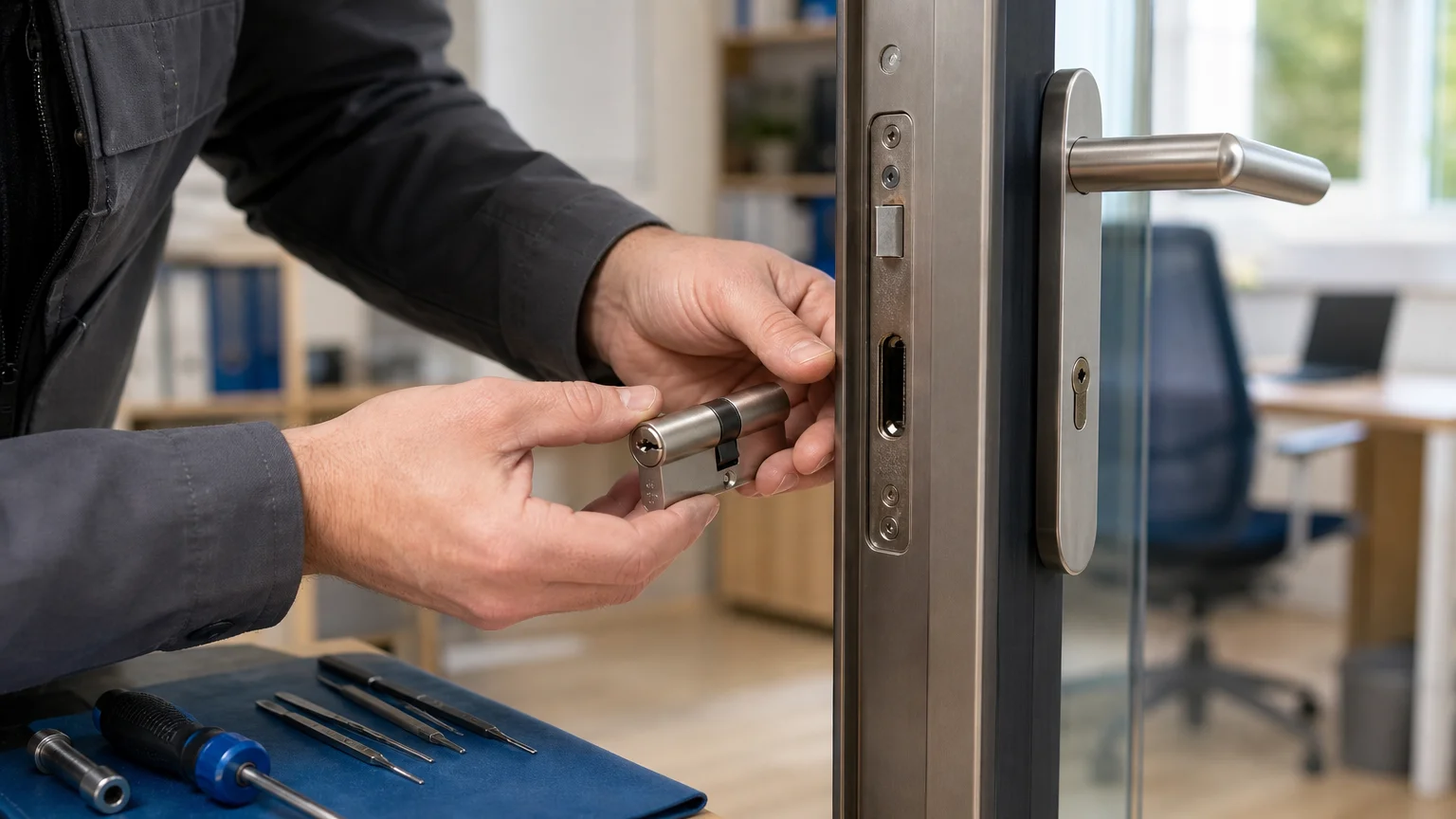 Technicien inspectant la serrure d’un bureau professionnel à Genève