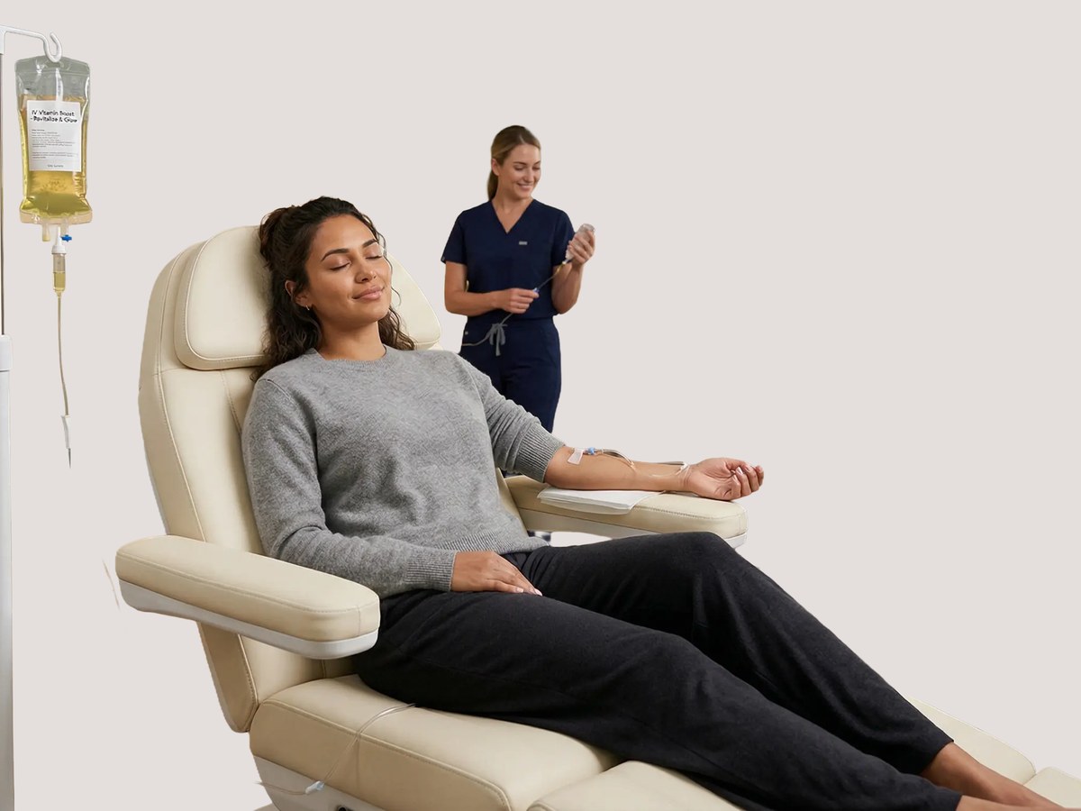 A person reclining in a treatment chair receiving an intravenous drip, with a clinician standing behind them.