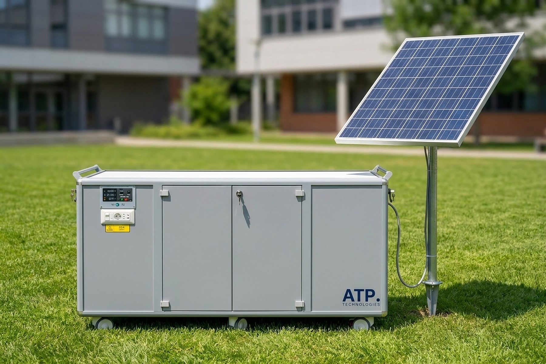 Il laboratorio mobile ATP posizionato sul prato di una scuola accanto a un pannello solare indipendente collegato tramite cavo