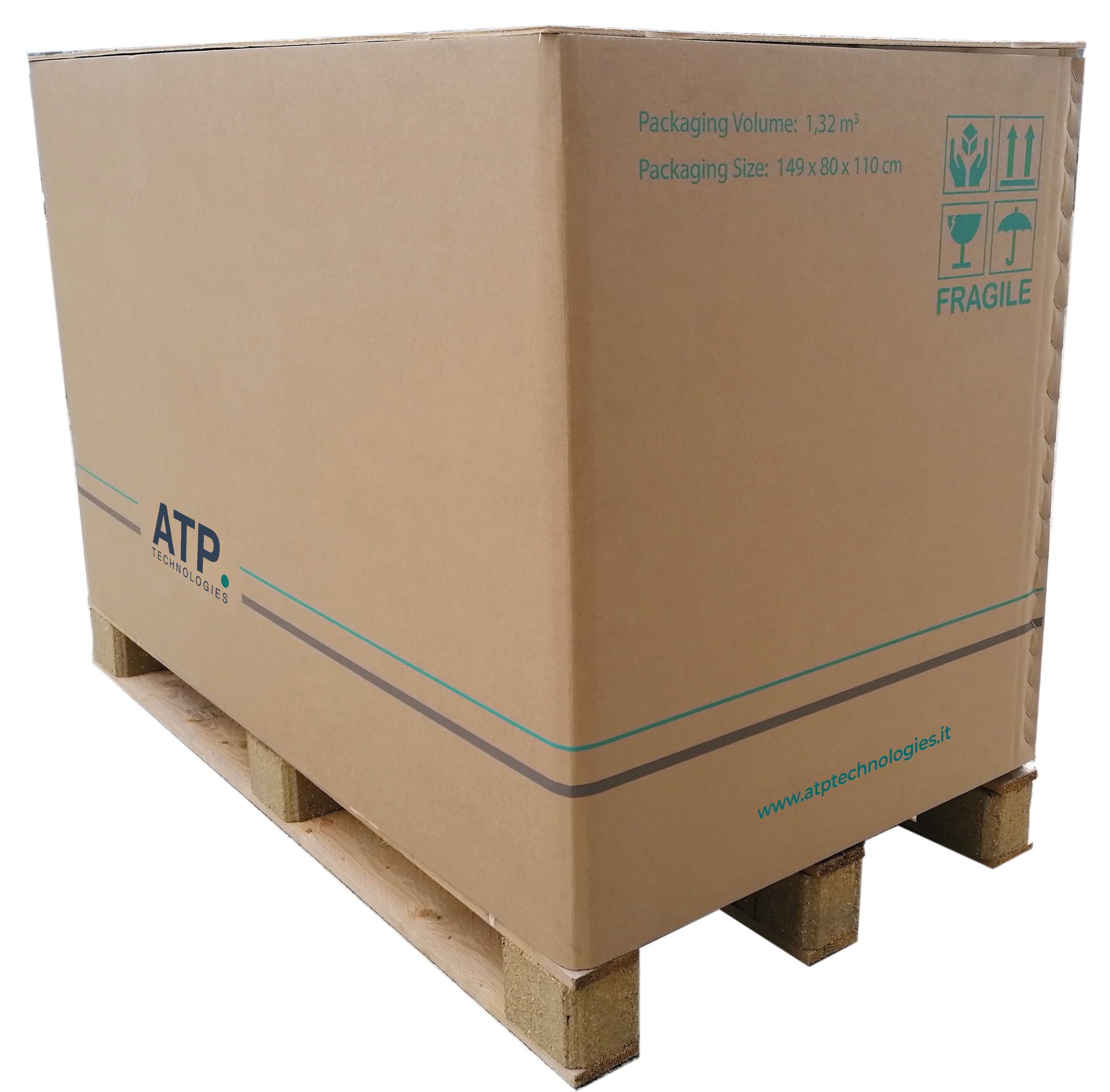 Il laboratorio mobile ATP imballato in un cartone su un pallet di spedizione