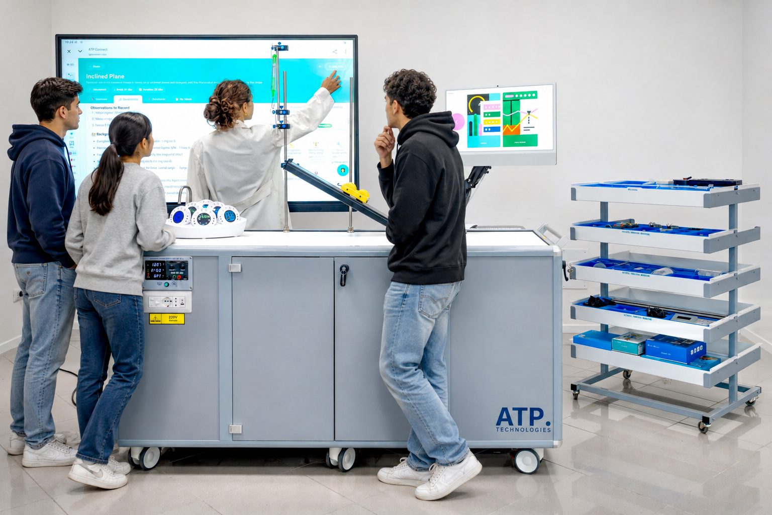 Quatre élèves de le Mobile Lab d'ATP réalisent une expérience sur le plan incliné ; la leçon « ATP Connect » est affichée sur l'écran mural.
