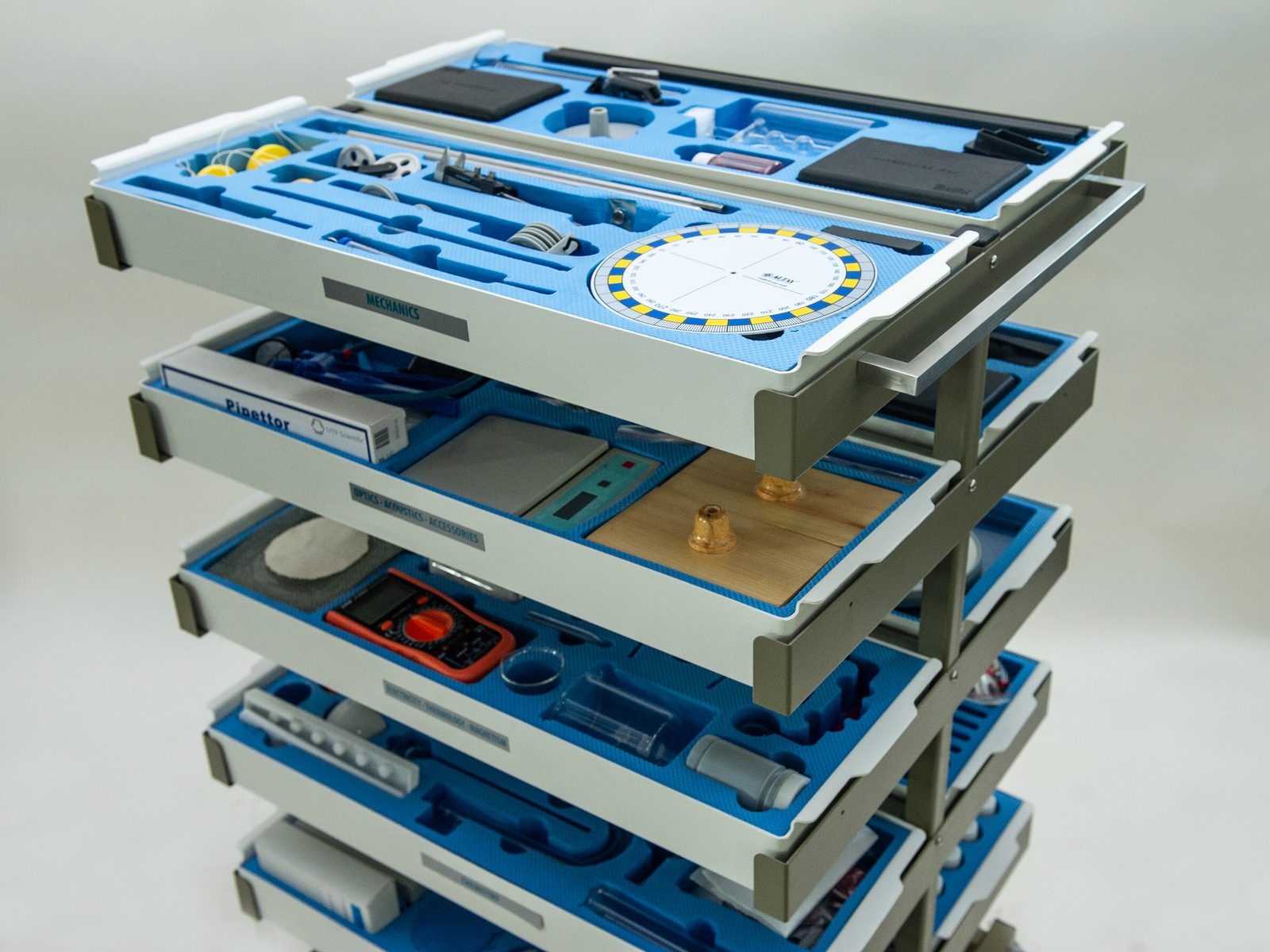 Une pile d'Smart Trays ATP sur le site Air Cart, chaque tiroir étant étiqueté par discipline et ses instruments rangés dans de la mousse bleue moulée