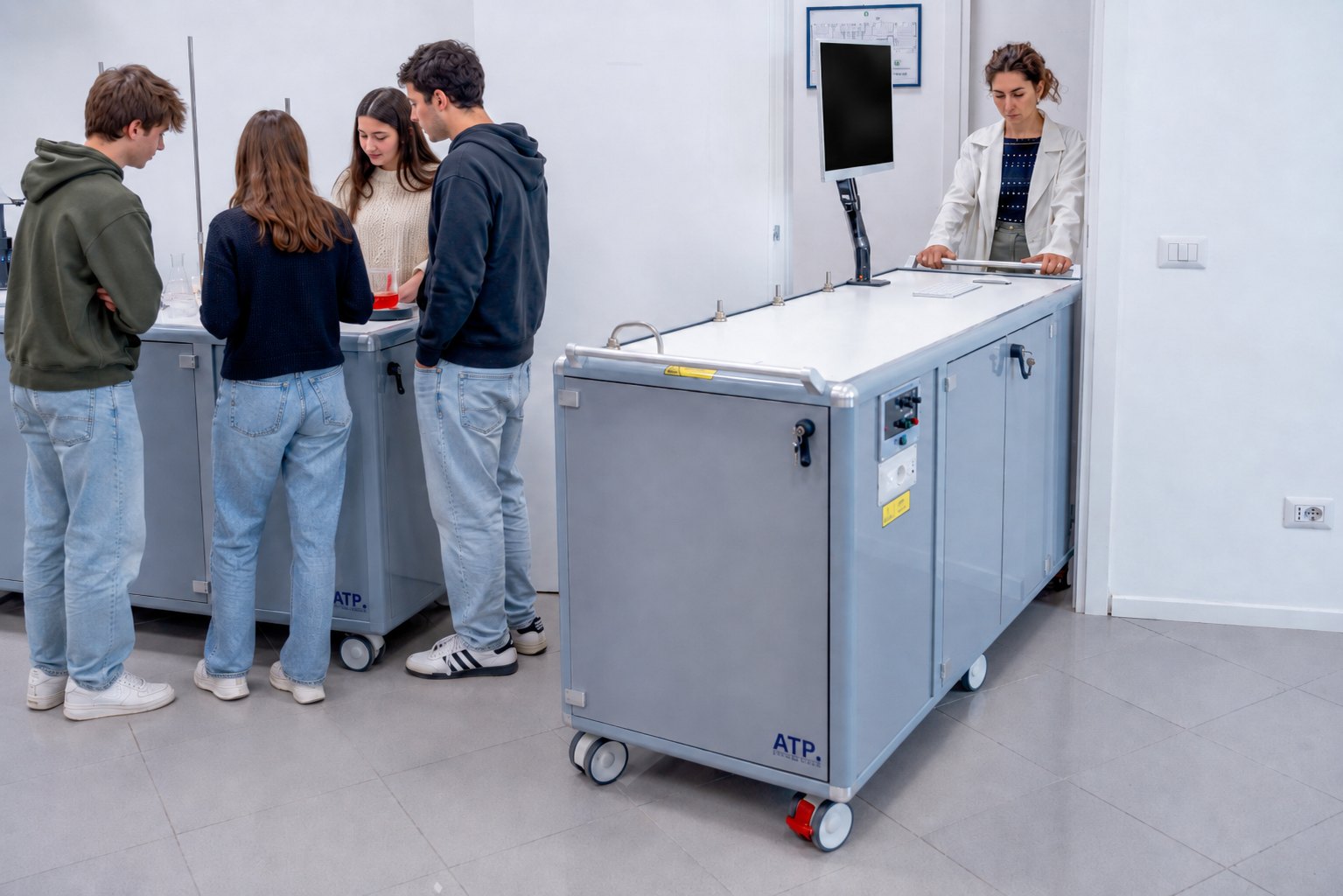 Deux laboratoires mobiles ATP en service dans une salle de classe : quatre élèves travaillent sur l'un d'eux et un enseignant sur l'autre