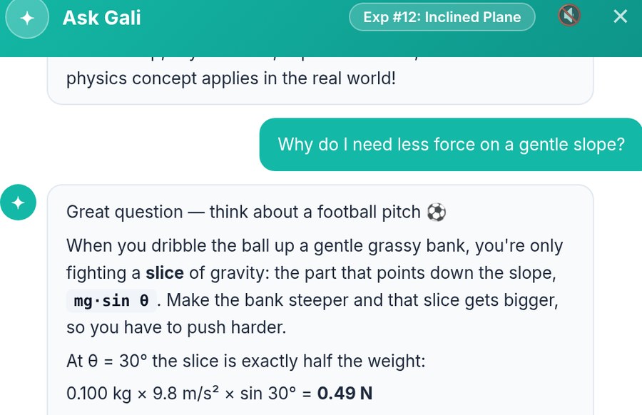 The Ask Gali panel in ATP Connect, answering a student's question about force on an inclined plane