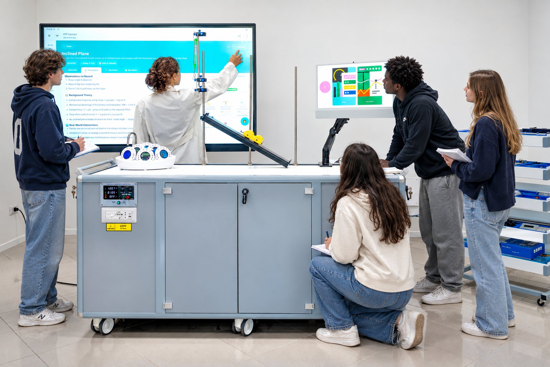 فصل من الطلاب يعملون على جهاز «ATP Volta» mobile lab خلال حصة العلوم