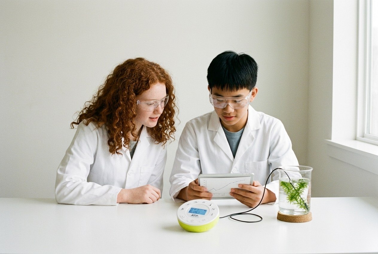 Dos alumnos consultan en una tableta los datos en tiempo real de un SciencePod de ATP durante un experimento de biología