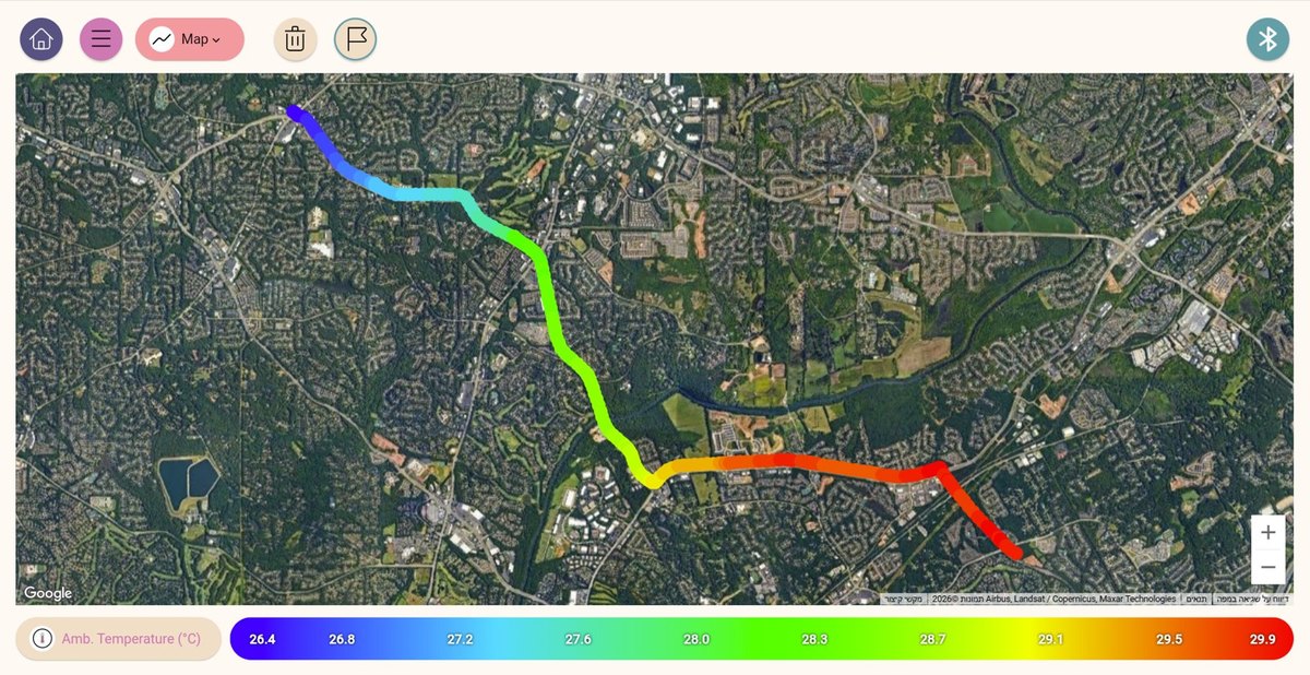 Vista del mapa GPS con las lecturas de los sensores representadas como una ruta codificada por colores
