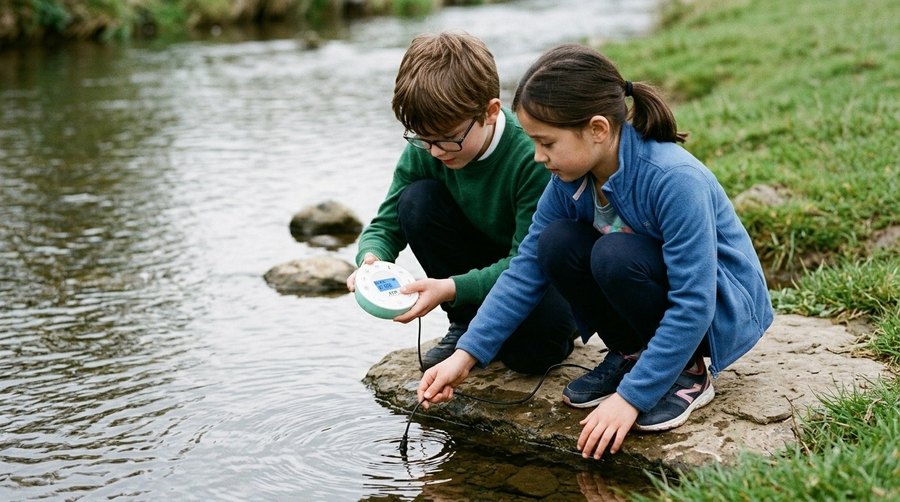 Dos estudiantes miden la calidad del agua del río con un SciencePod