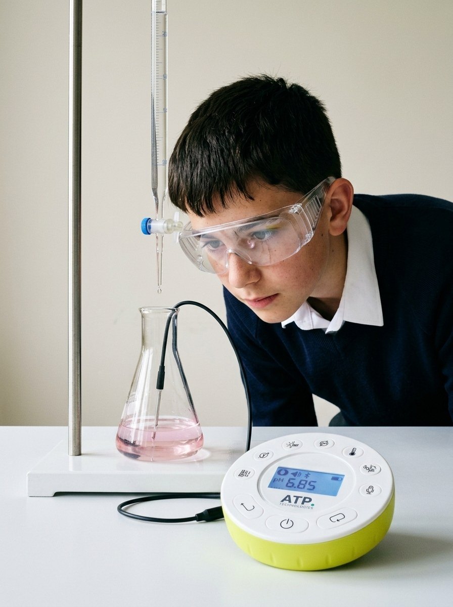 Estudiante realizando una titulación ácido-base con un sensor de pH SciencePod