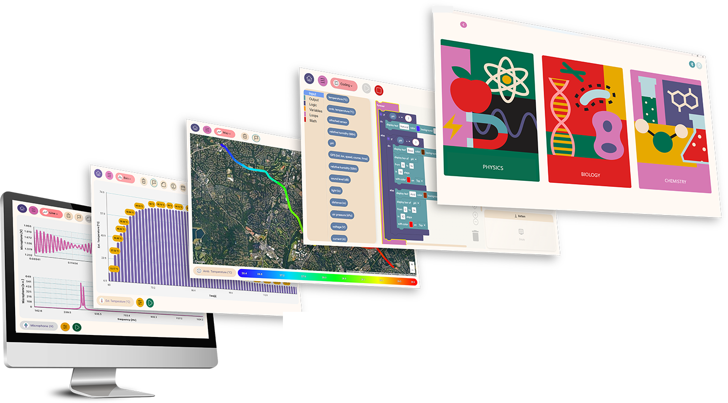 Pantallas de la aplicación ATP Lab: gráficos en tiempo real, mapa con GPS, programación por bloques y planes de clase