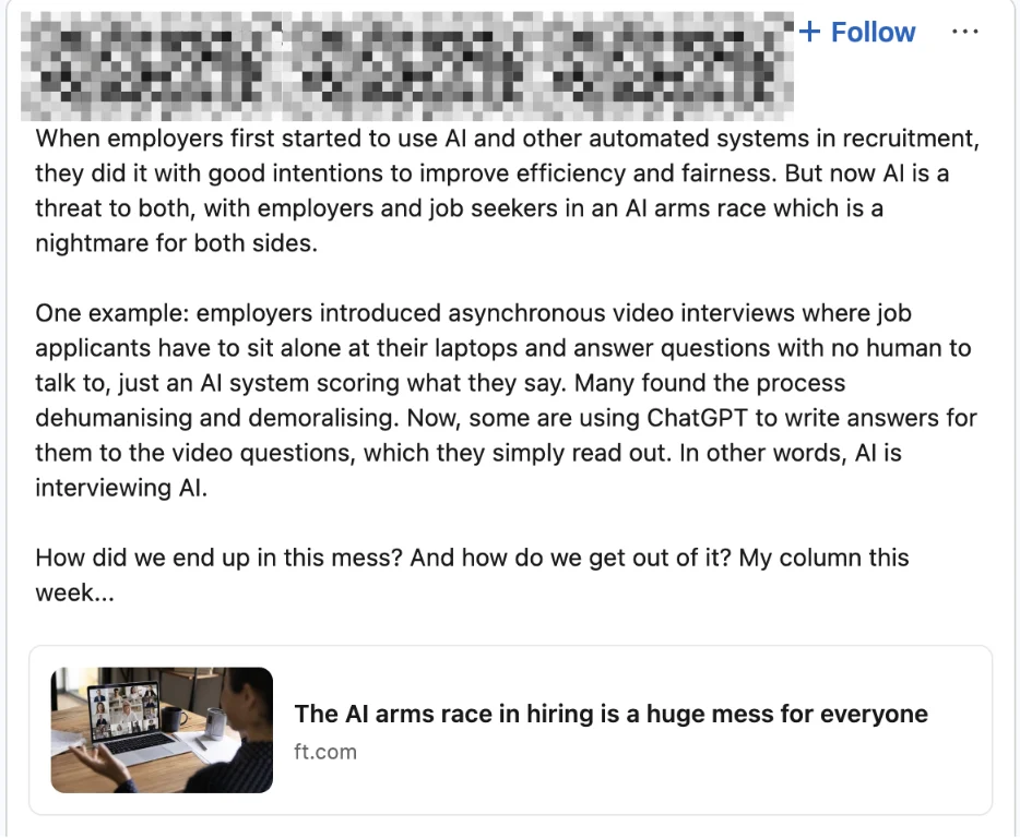 LinkedIn post describing hiring as an AI arms race between recruiter bots and candidate AI tools