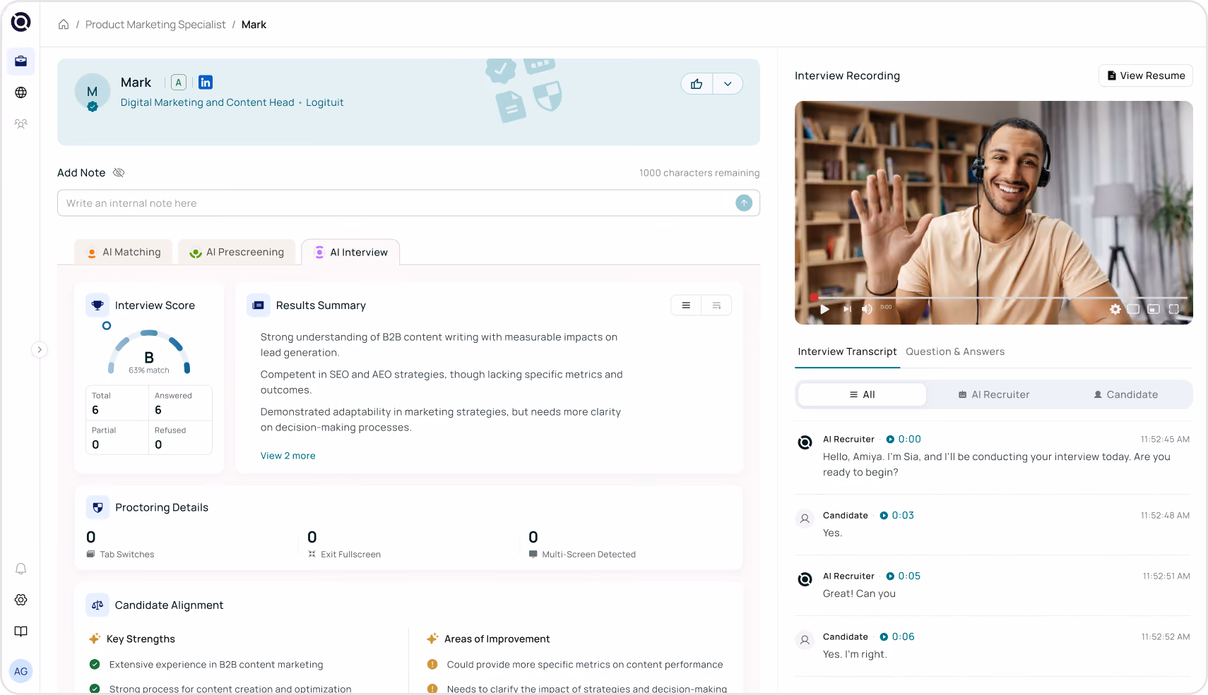 Senseloaf AI Interview view showing a recorded, structured conversational interview and its evaluation