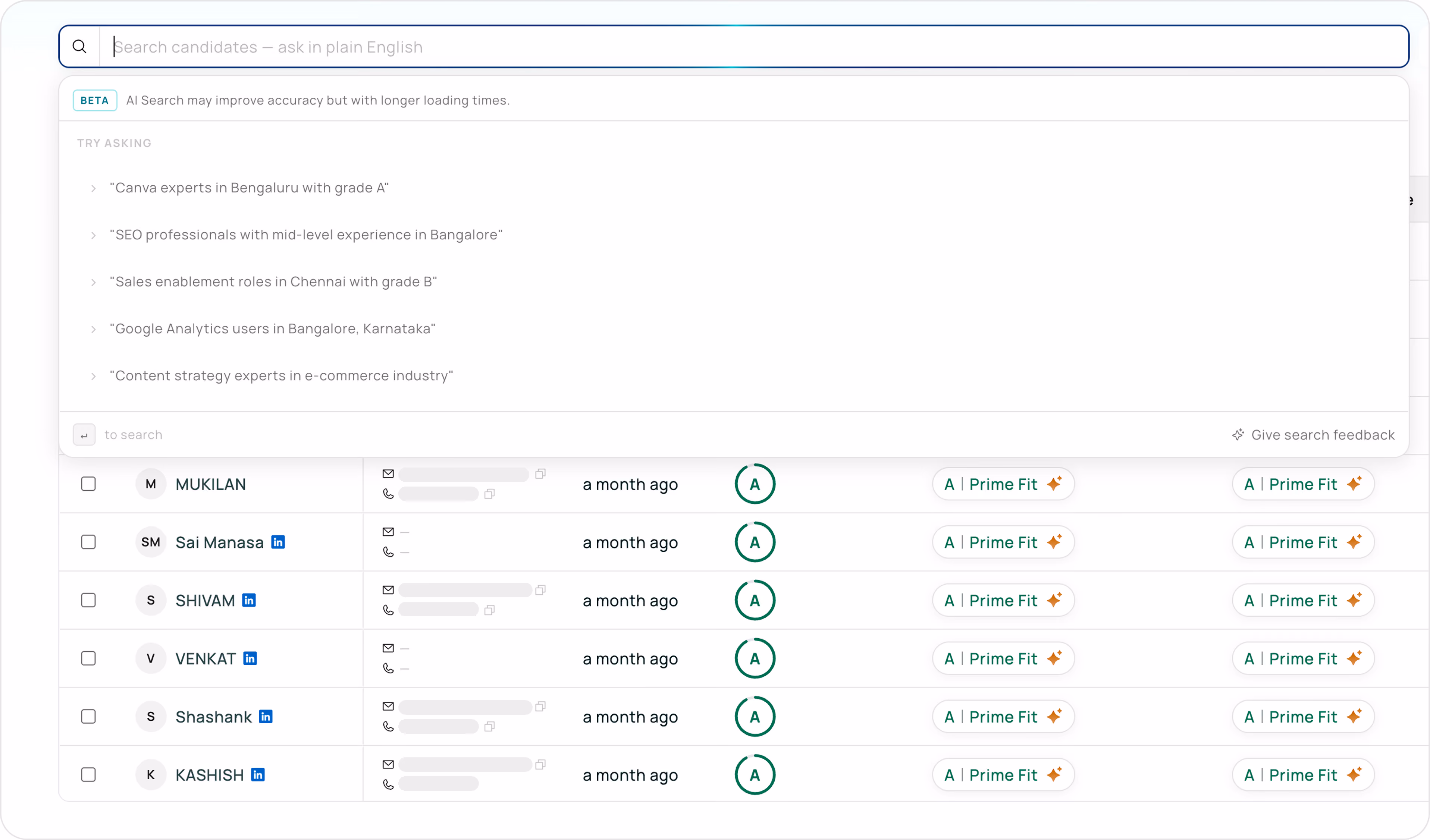 Senseloaf AI Smart Search returning candidates ranked by relevance from a plain-language query