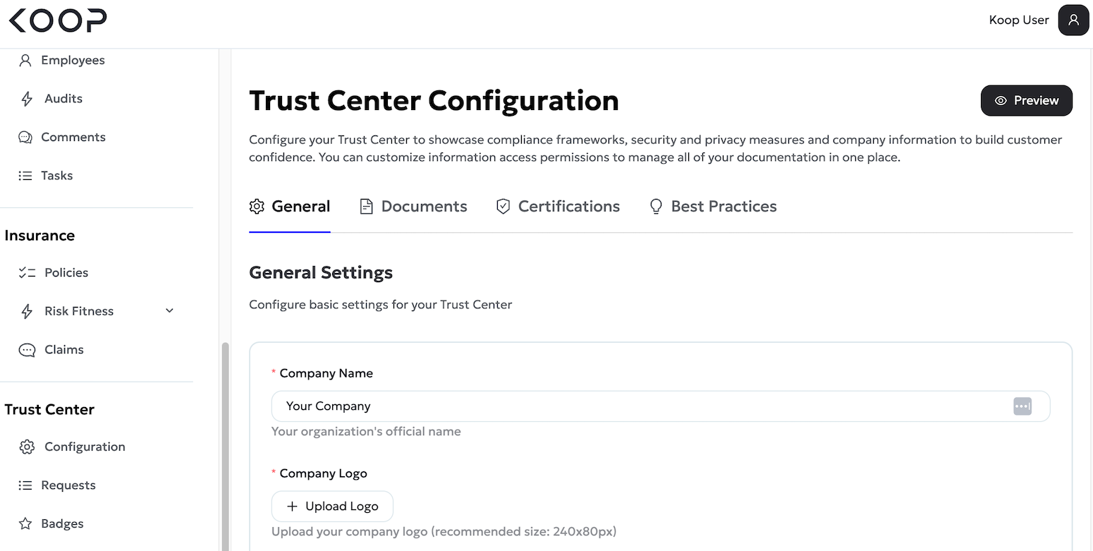 A product image of Koop's Trust Center dashboard.