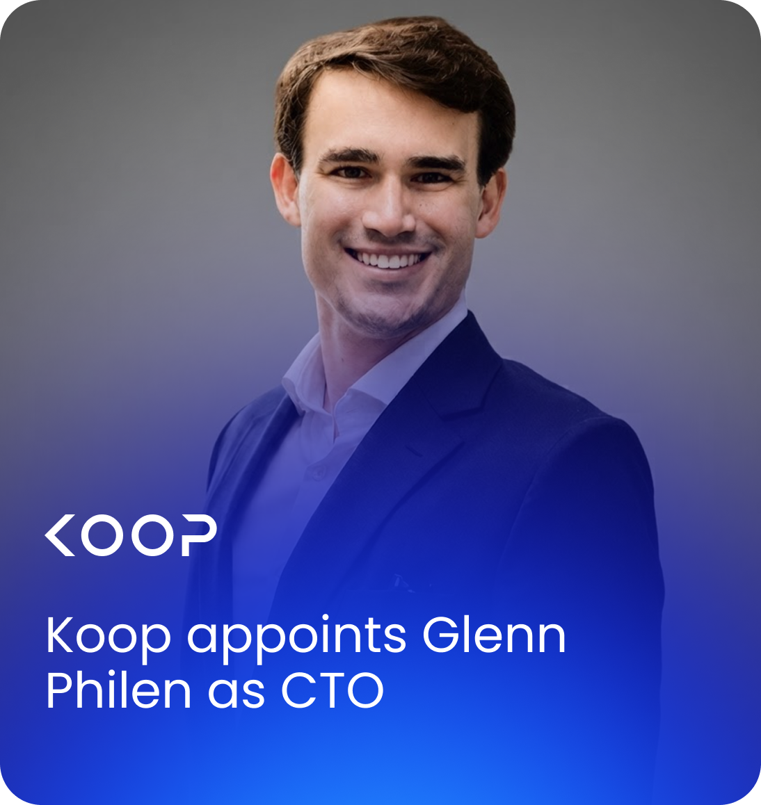 Portrait of Glenn Philen smiling in a navy blazer, with the Koop logo and text “Koop appoints Glenn Philen as CTO” over a blue gradient.