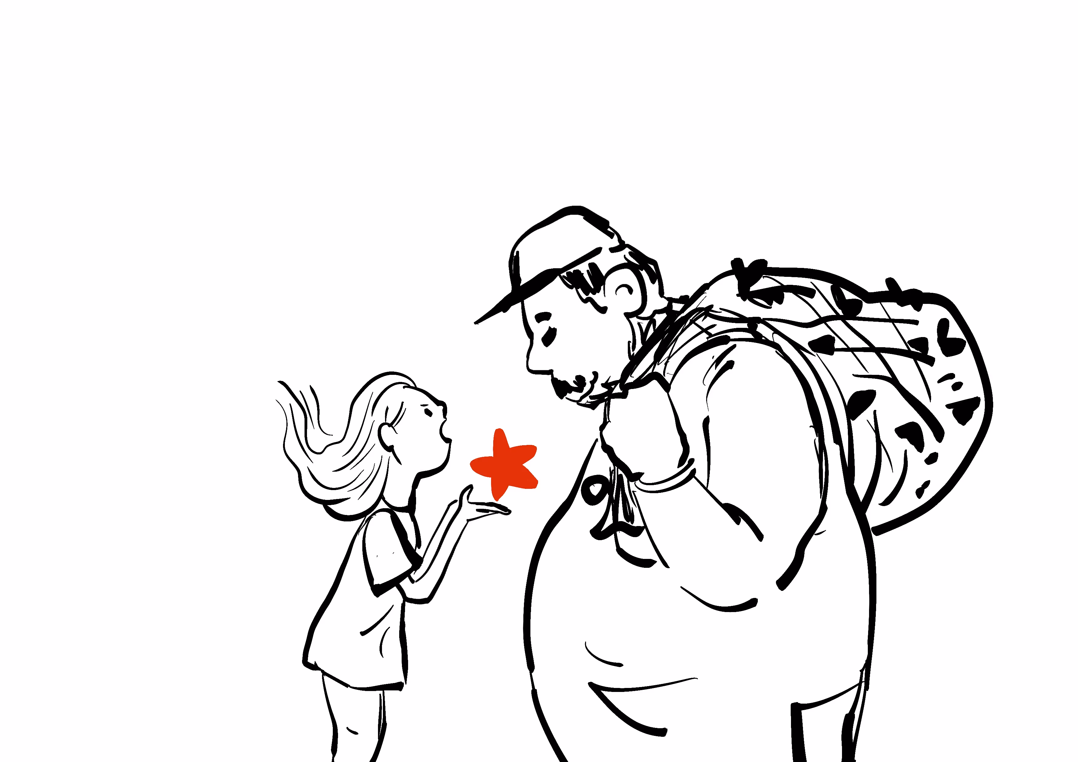 Illustration au trait d'une fillette tendant une fleur rouge à un homme au sac à dos