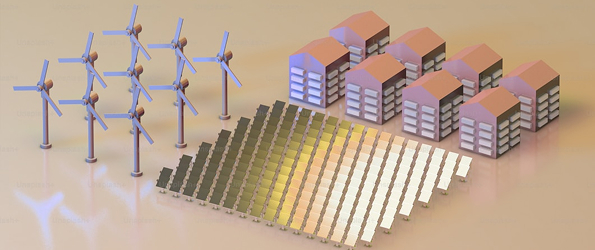 3D illustration of wind turbines, solar panels, and residential buildings representing renewable energy and sustainable living.