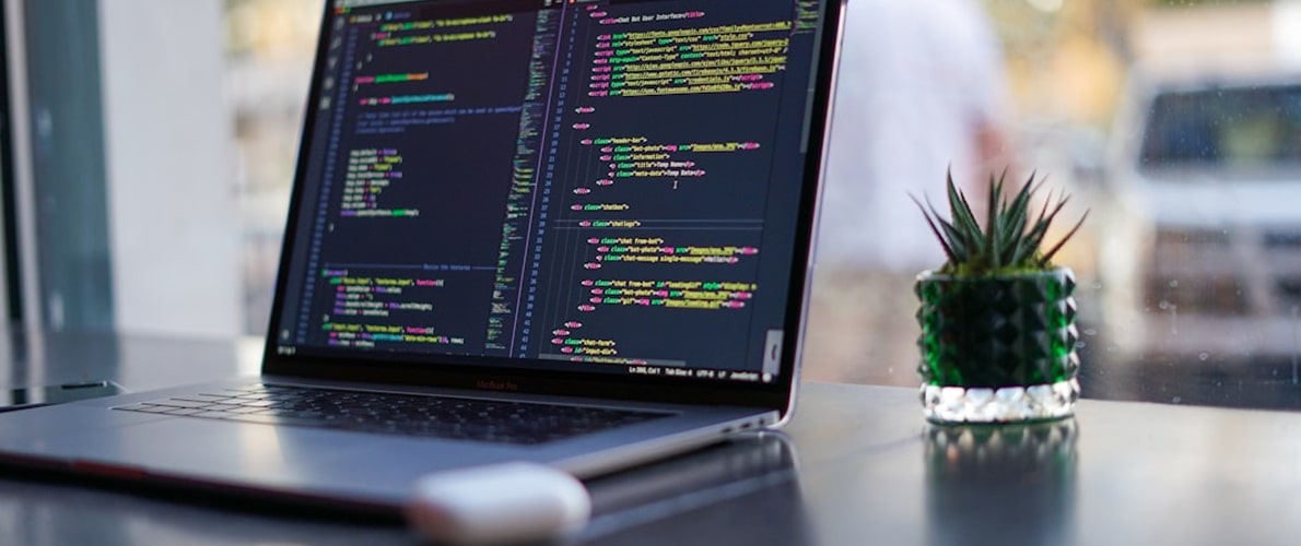 Open laptop on a desk displaying colorful code on screen next to a small green potted succulent plant.