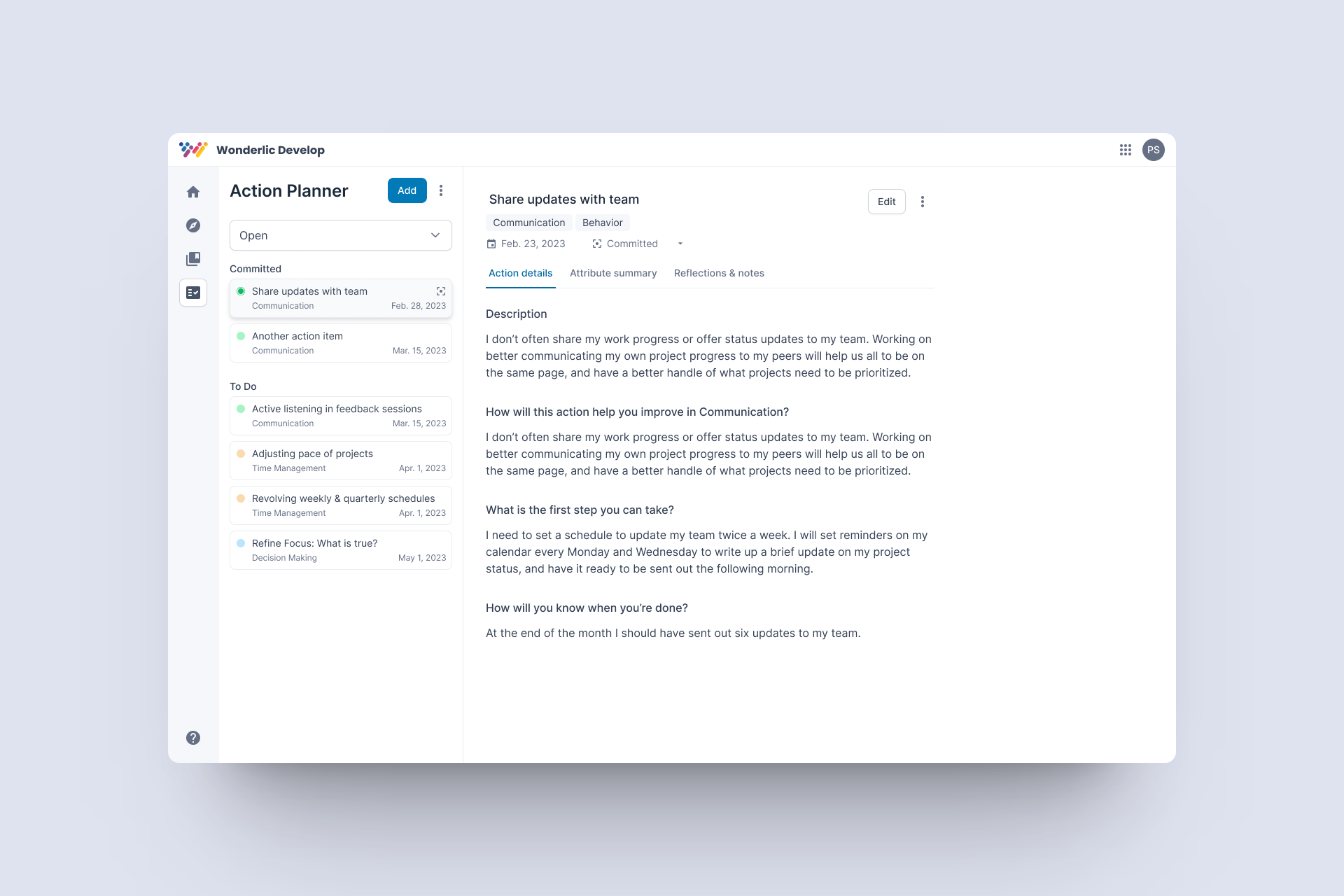 Action Planner - read view
