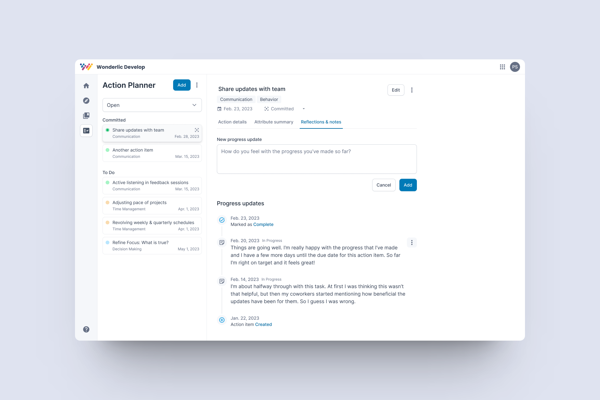 Action Planner - Notes view
