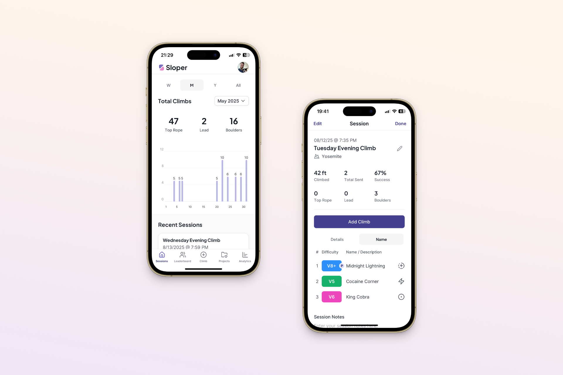 Home screen and session detail
