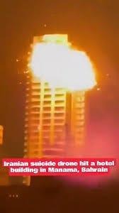 Footage captured flames and smoke rising from a hotel in #Bahrain after it  was struck by an Iranian drone. Another hotel and a residential building in  Manama were also reportedly targeted.