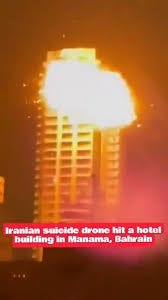 Footage captured flames and smoke rising from a hotel in #Bahrain after it  was struck by an Iranian drone. Another hotel and a residential building in  Manama were also reportedly targeted.