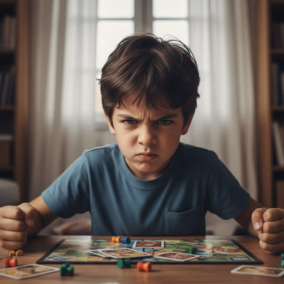 Niño con expresión molesta sentado frente a un juego de mesa por que perdió en el juego