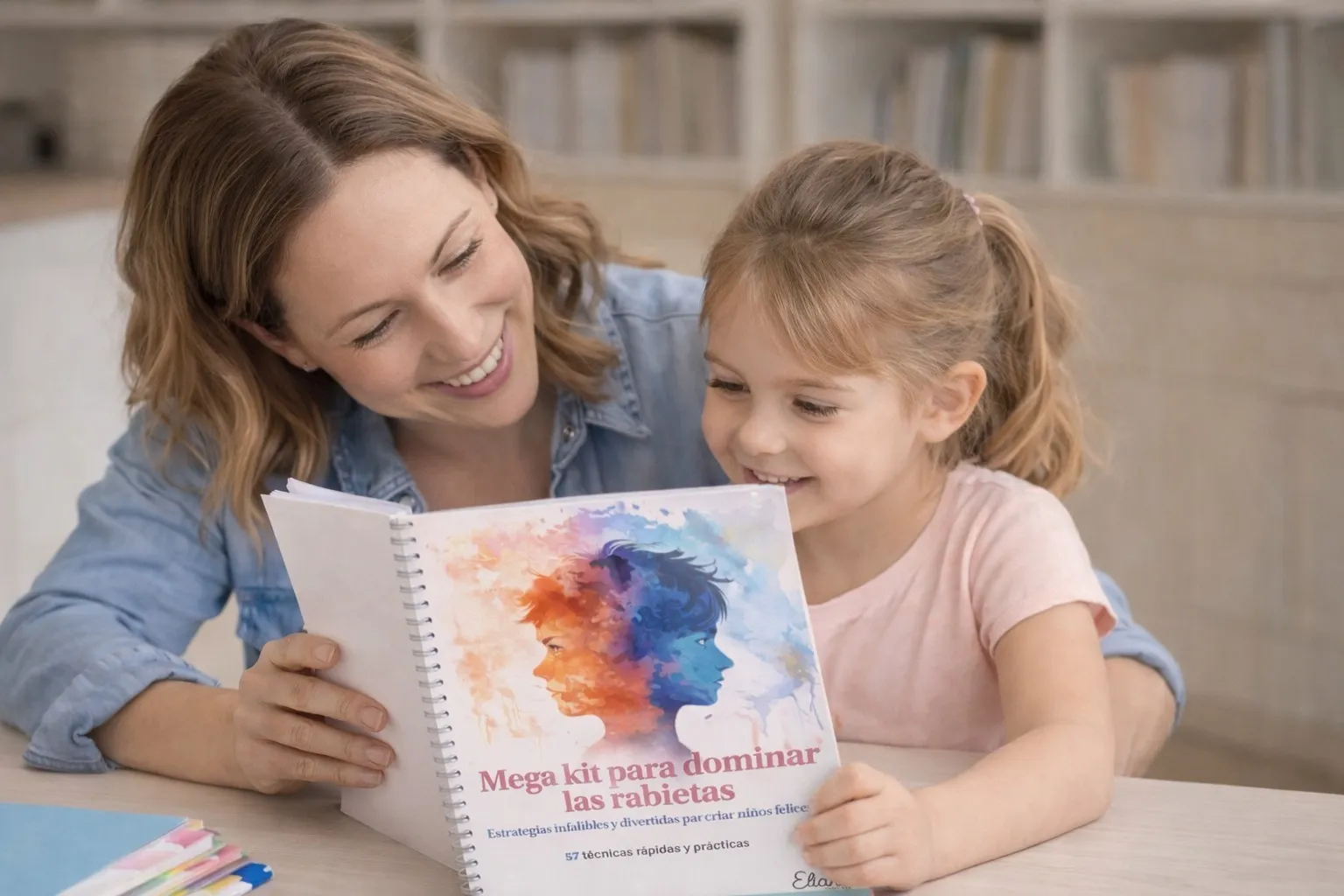 Madre y niña sonrientes leyendo las actividades del 'Mega kit para dominar las rabietas' con ilustraciones de dos perfiles de niños en colores azul y naranja.