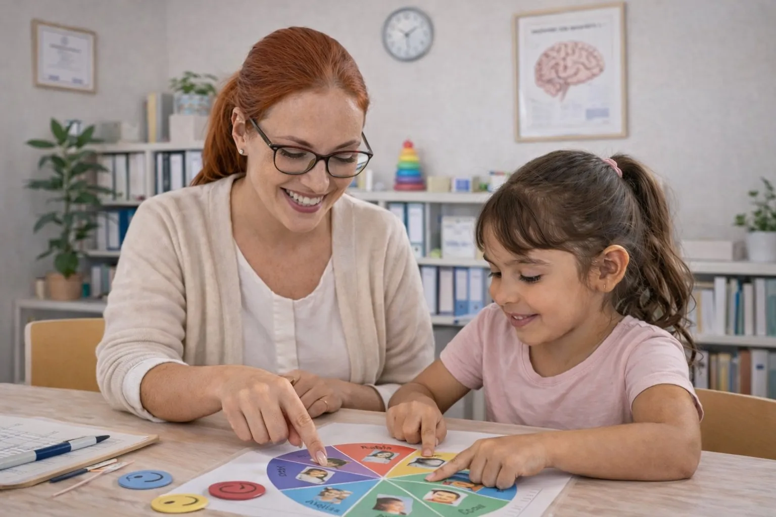 Una terapeuta sonriente y una niña juegan señalando imágenes en una rueda de emociones incluido en el Megakit para dominar las rabietas en una oficina.
