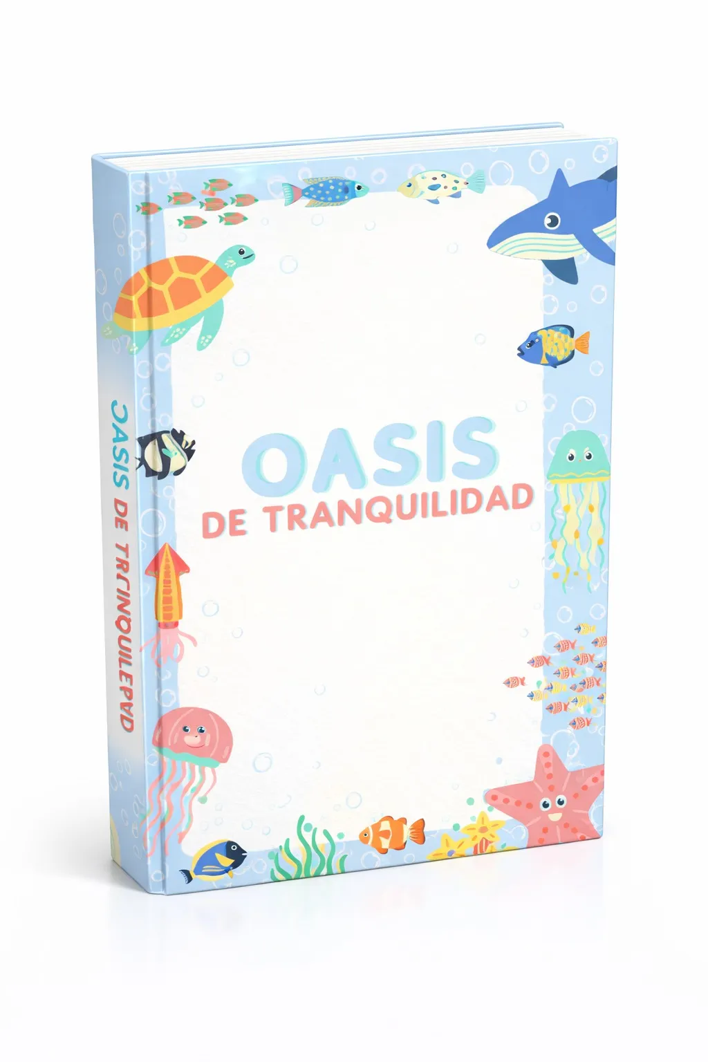 Producto descargable 'Oasis de Tranquilidad' con ilustraciones de animales marinos como tortuga, tiburón, medusas, pez payaso y estrella de mar enmarcando la portada.