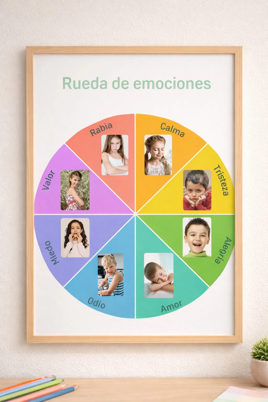 Rueda de emociones con secciones de colores que incluyen fotos de niños expresando rabia, calma, tristeza, alegría, amor, odio, miedo y valor.