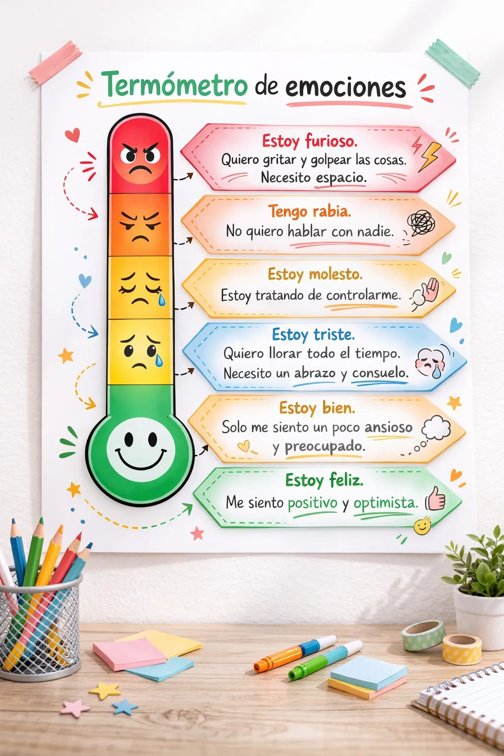 Termómetro de emociones con colores y expresiones faciales que van de rojo furioso a verde feliz, con frases explicativas para identificar cada emoción.