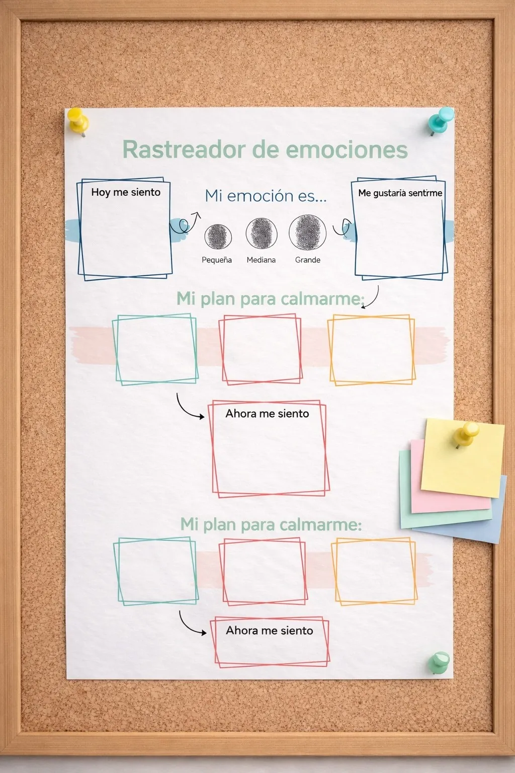 Pizarra de corcho con una hoja de rastreador de emociones en español, con secciones para escribir cómo se siente hoy, la emoción en tamaño pequeño, mediano o grande, cómo le gustaría sentirse, y planes para calmarse con cuadros para completar.