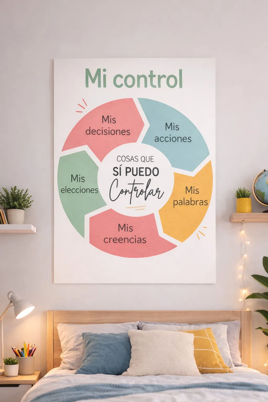 Póster en la pared de un dormitorio que muestra un gráfico circular con el título 'Mi control' y elementos que se pueden controlar: decisiones, acciones, palabras, creencias y elecciones.