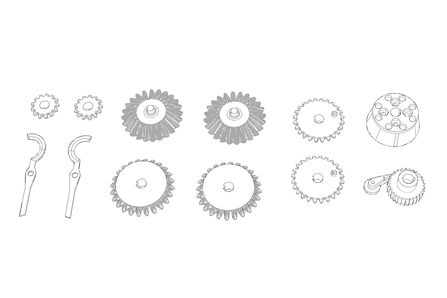 A Rhino render of all gears incorporated in the project. 