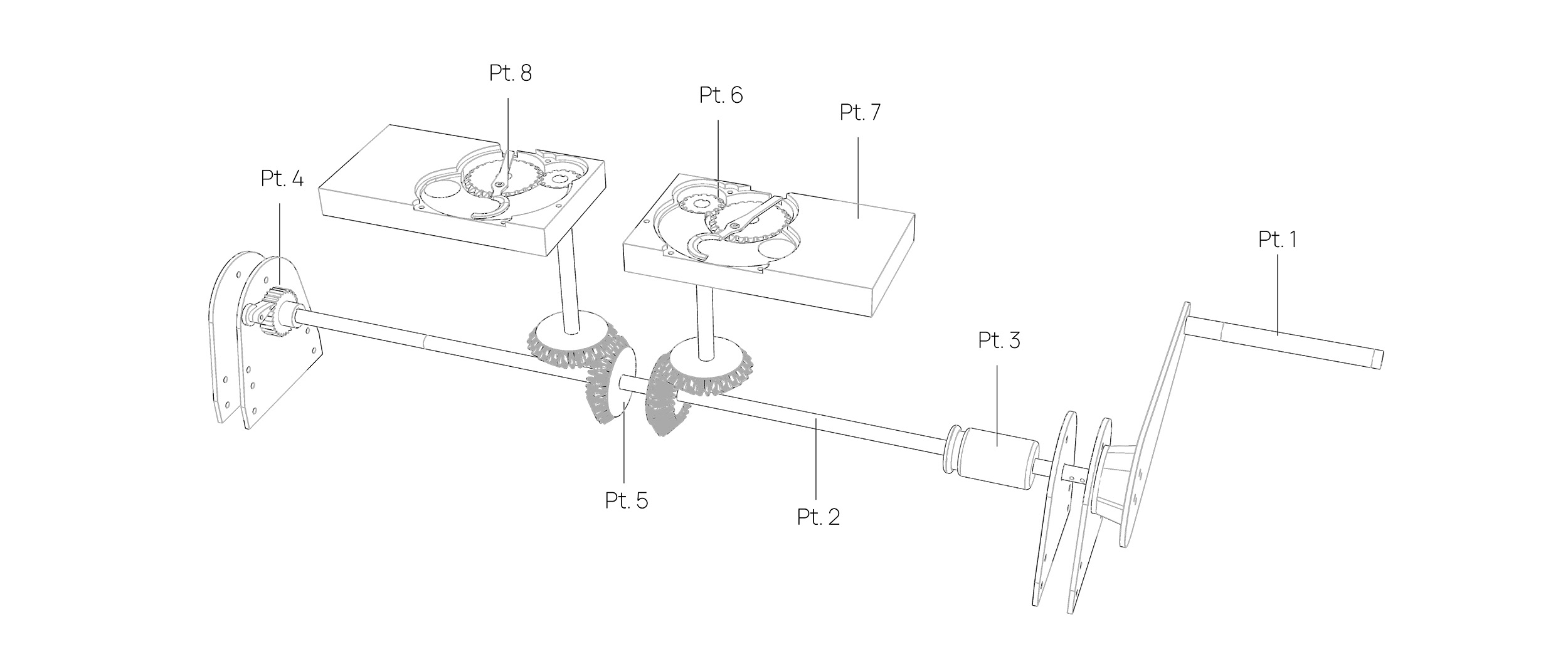 Rhino 3D render of the turning mechanism of this project, showing gears, rods, and other parts. 