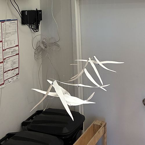 Several birds hanging on a prototype sculpture. 