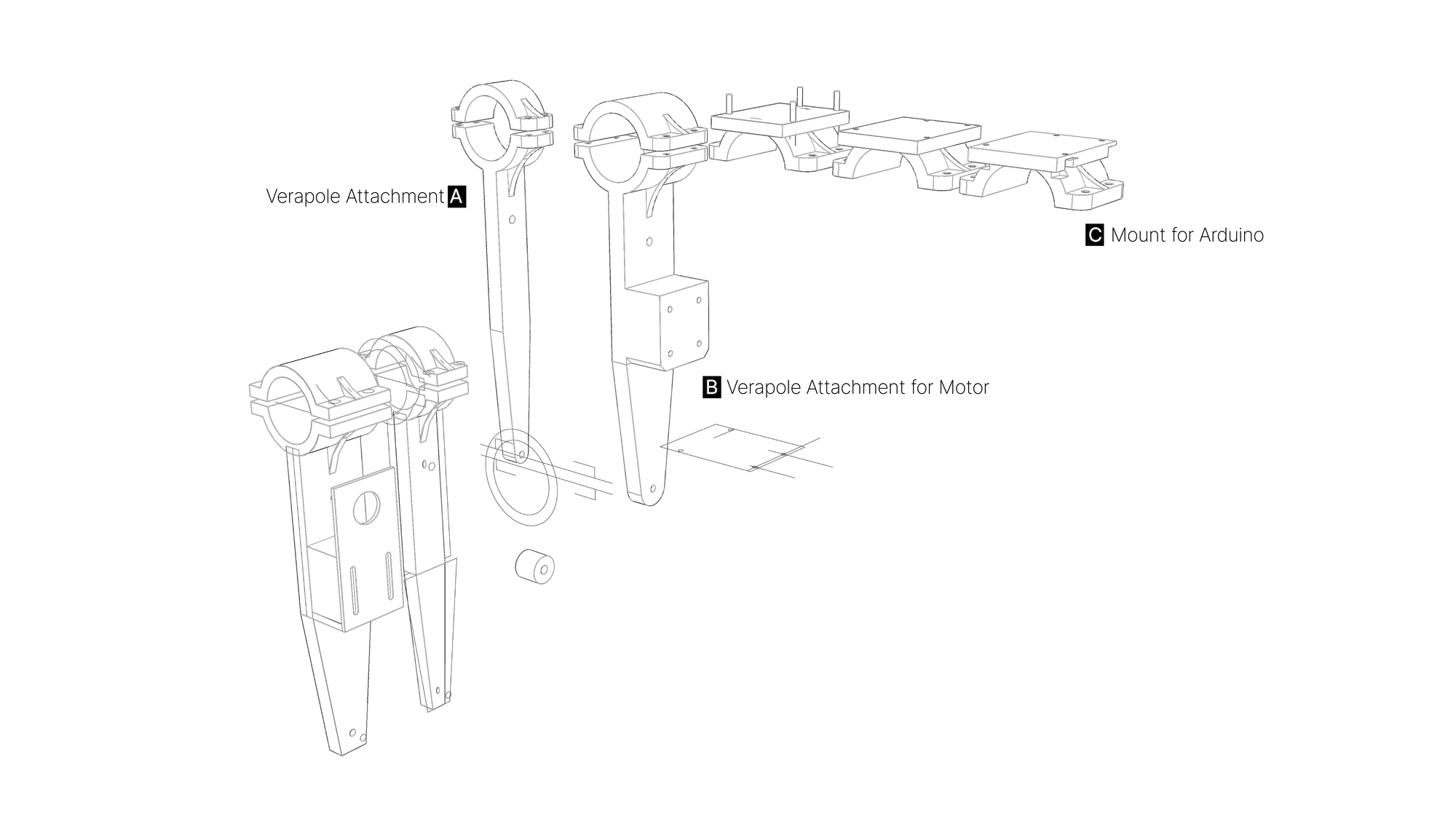 A Rhino render of different prototypes of the 3D model used to attach the metal helix to the ceiling. 