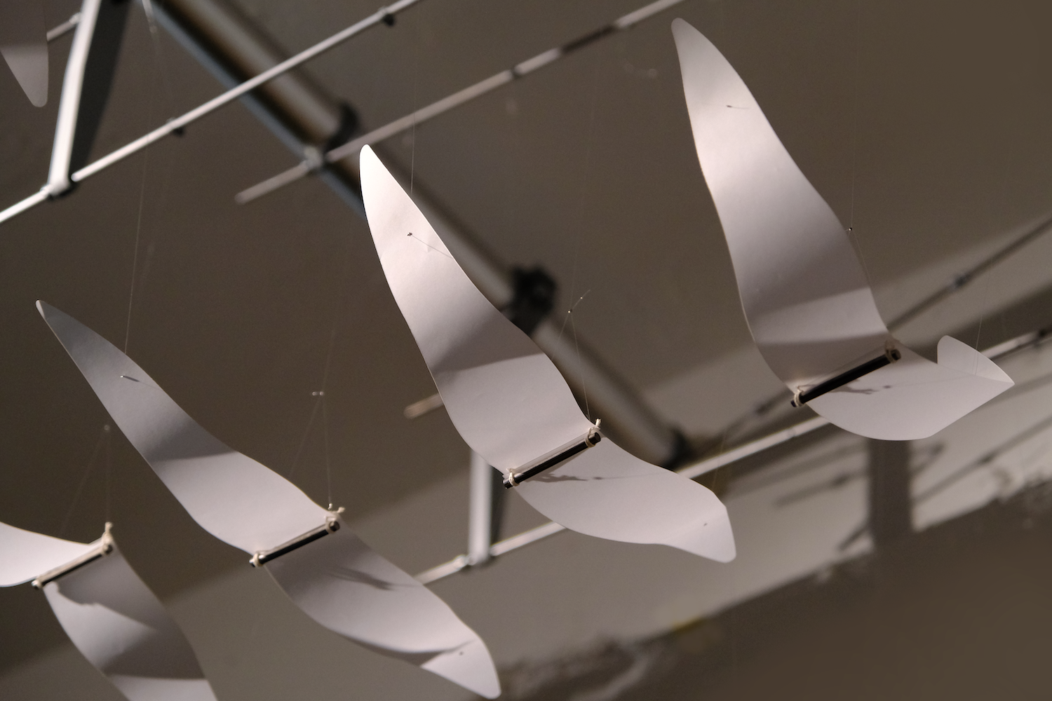 Photograph of three paper birds hanging from the ceiling. 