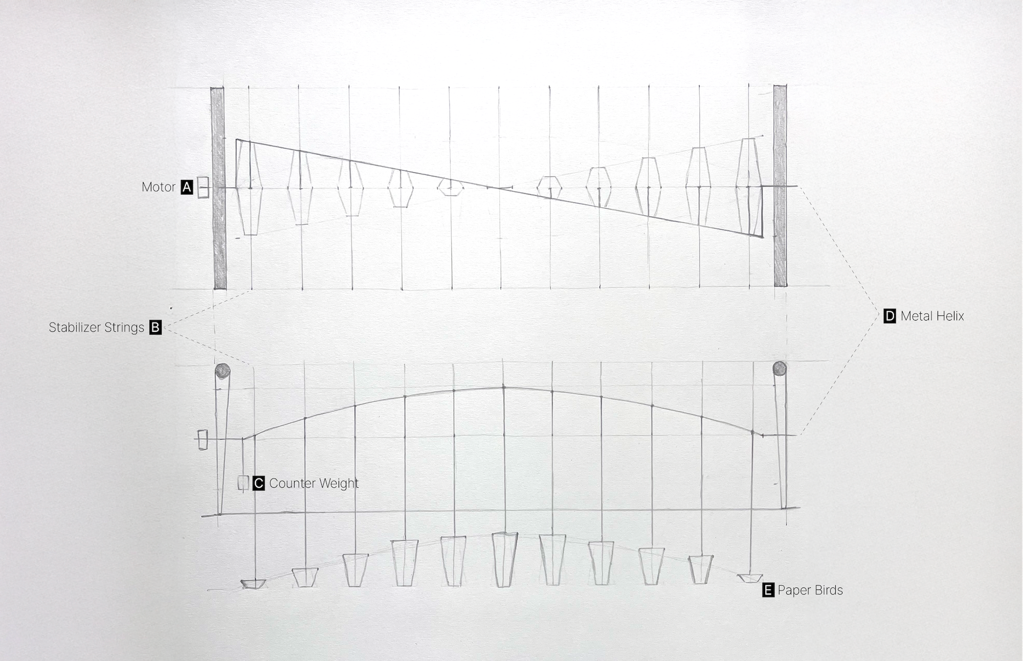 Picture showing a pencil drawing on paper of a top and side view of the sculpture.