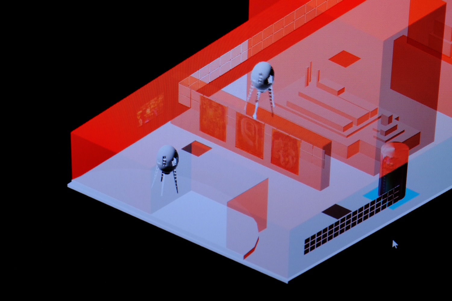 3D digital model of an interior space with red walls, artwork, and two tripod-like robots.