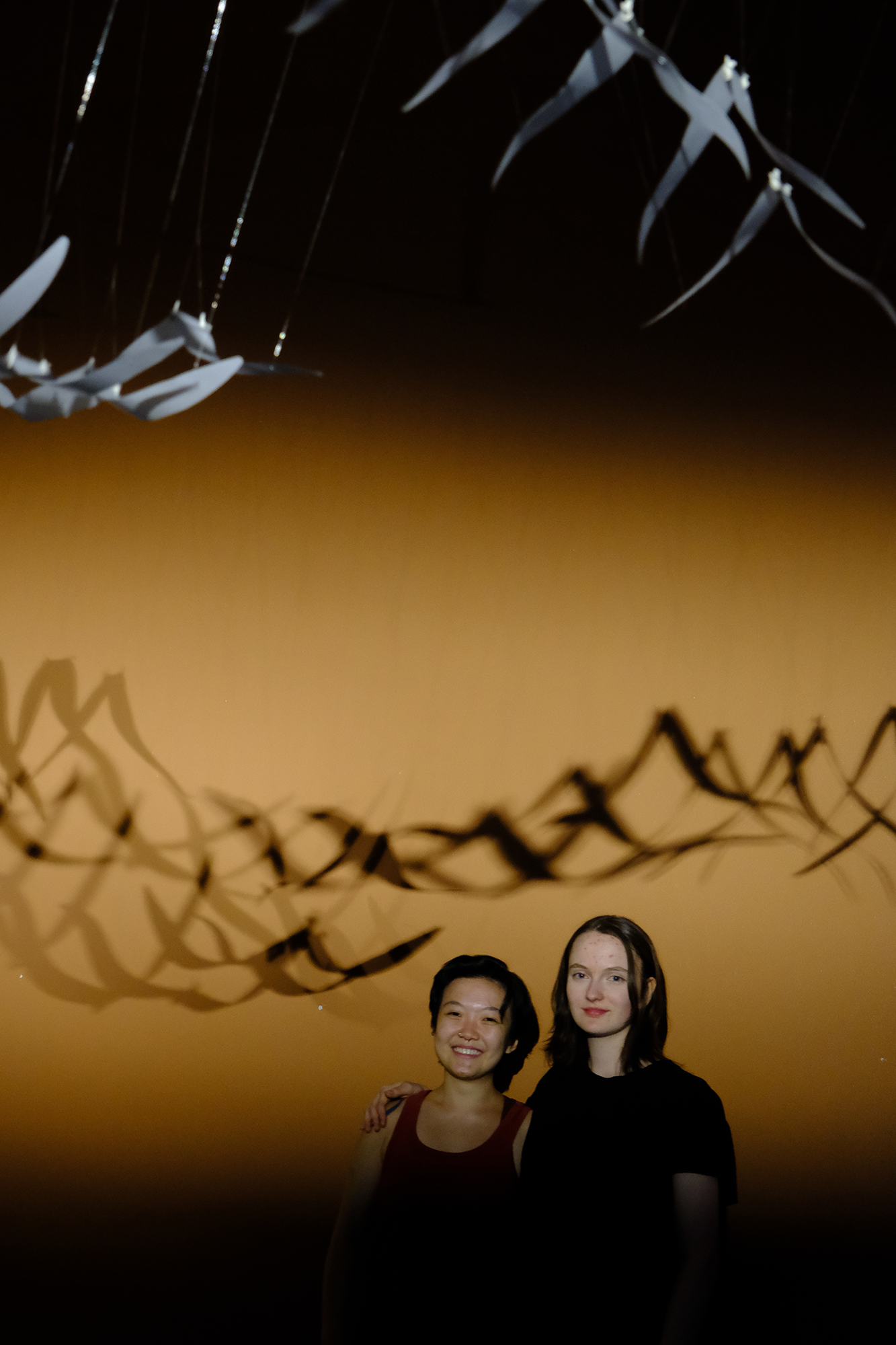 Two people standing together under hanging bird-shaped decorations casting shadows on an orange wall.