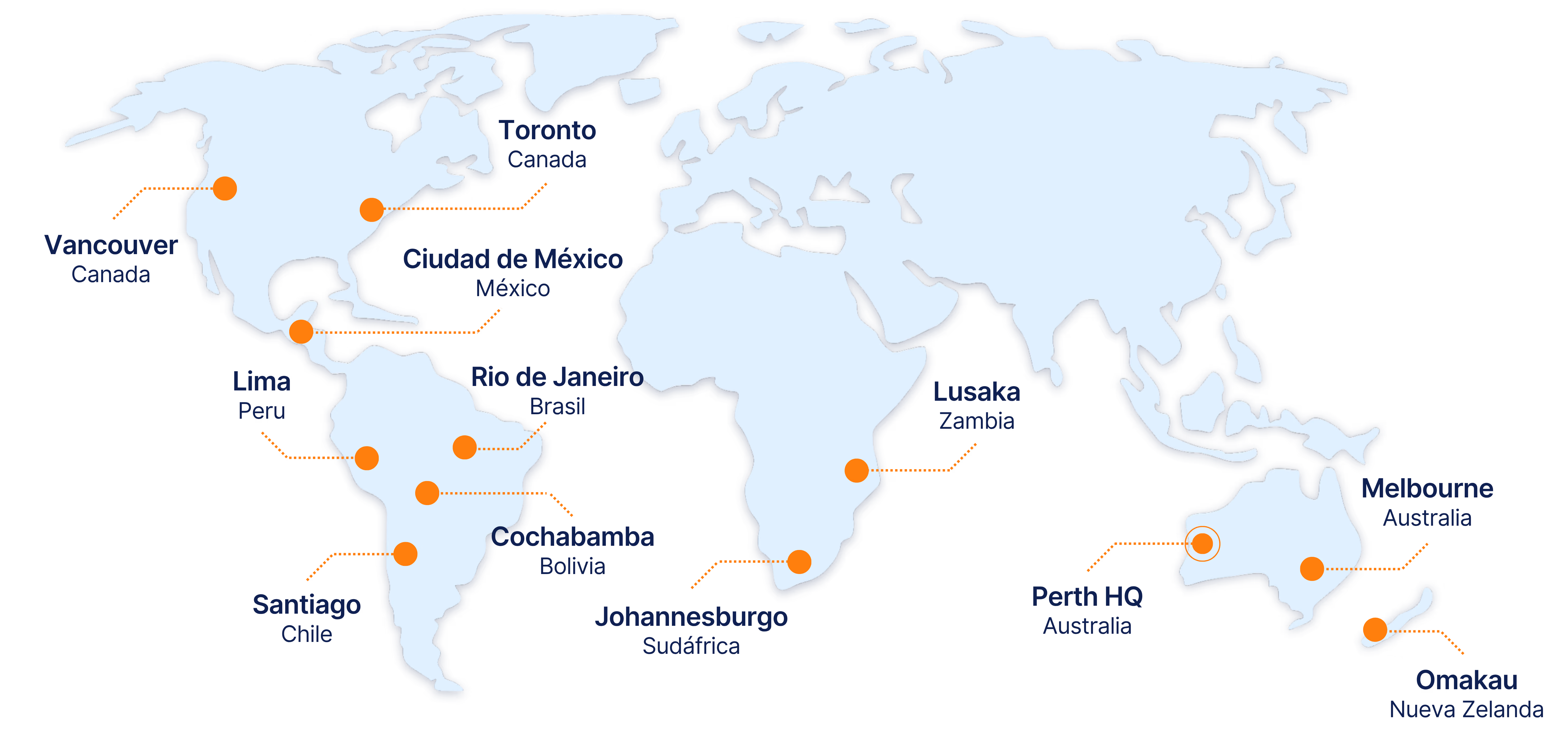 CorePlan global support coverage map across 12 locations in the Americas, Africa, and Oceania