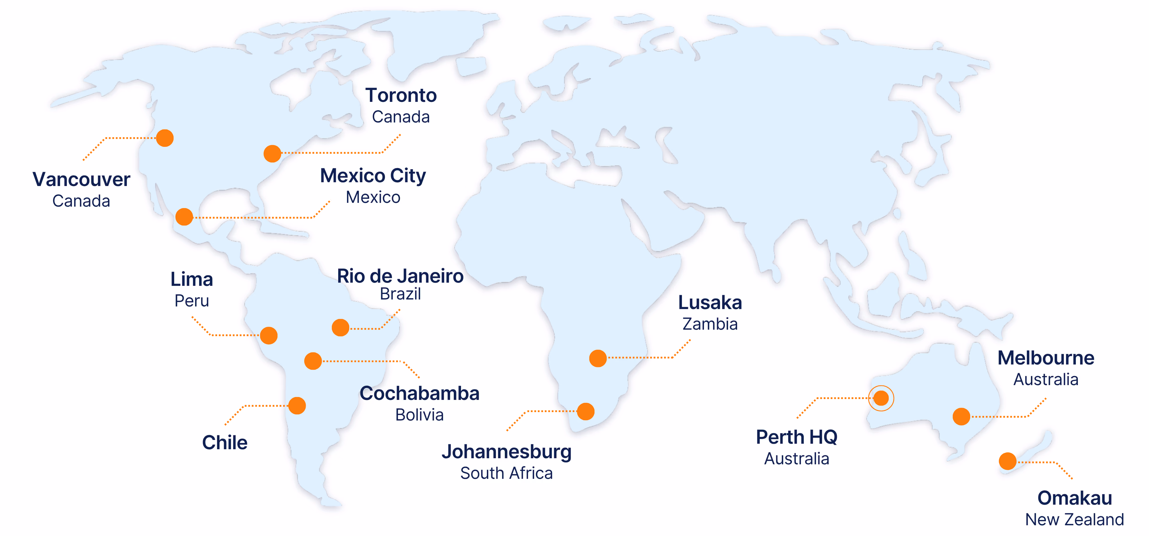 CorePlan global support coverage map across 12 locations in the Americas, Africa, and Oceania