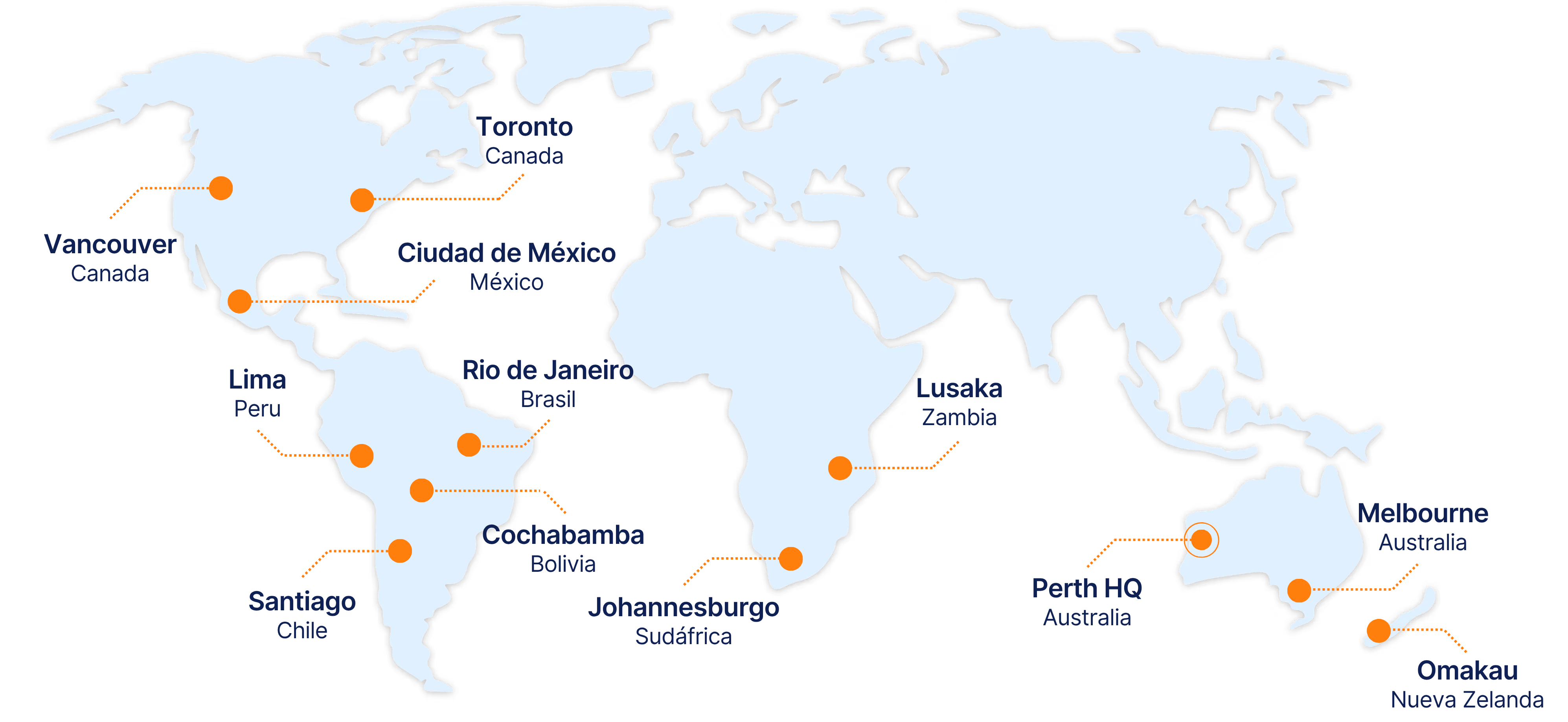 CorePlan global support coverage map across 12 locations in the Americas, Africa, and Oceania