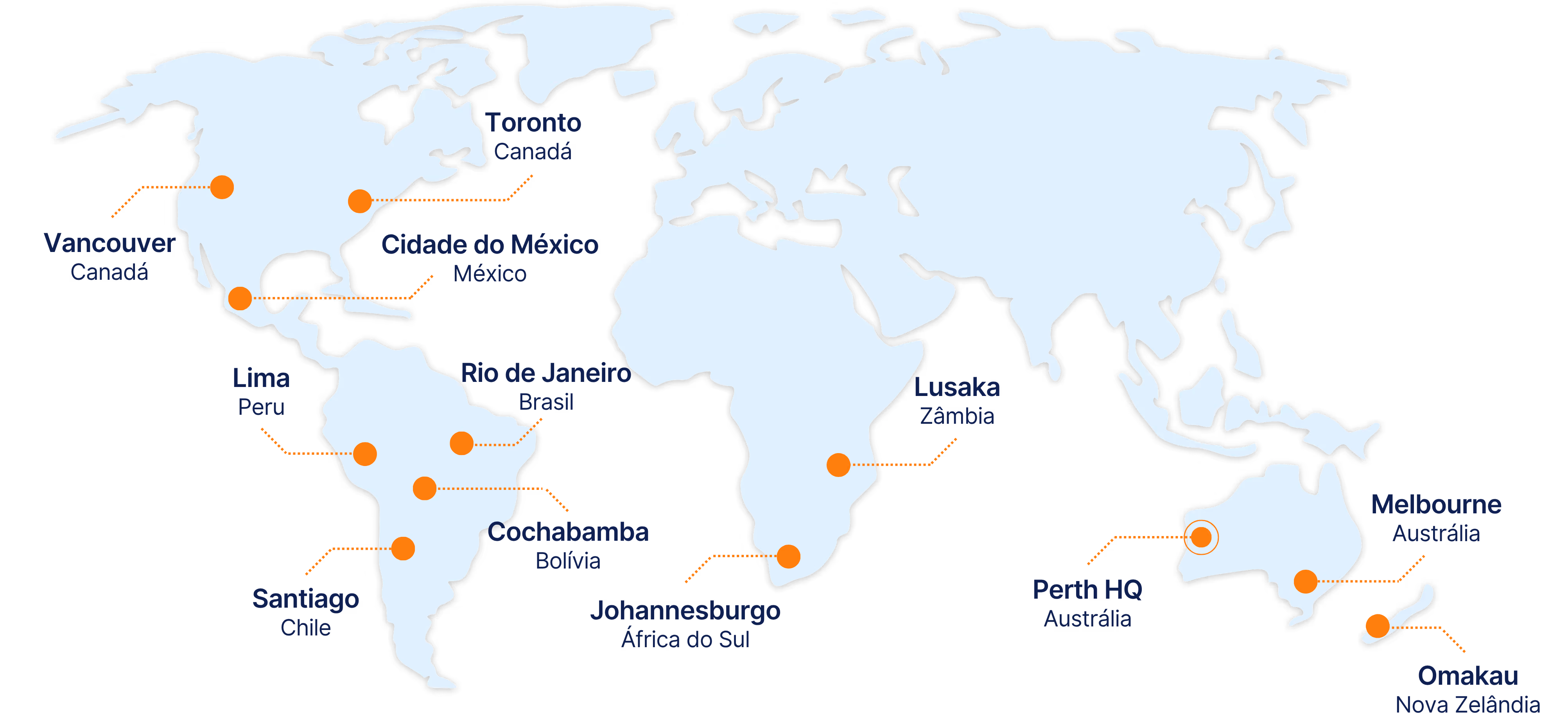 CorePlan global support coverage map across 12 locations in the Americas, Africa, and Oceania