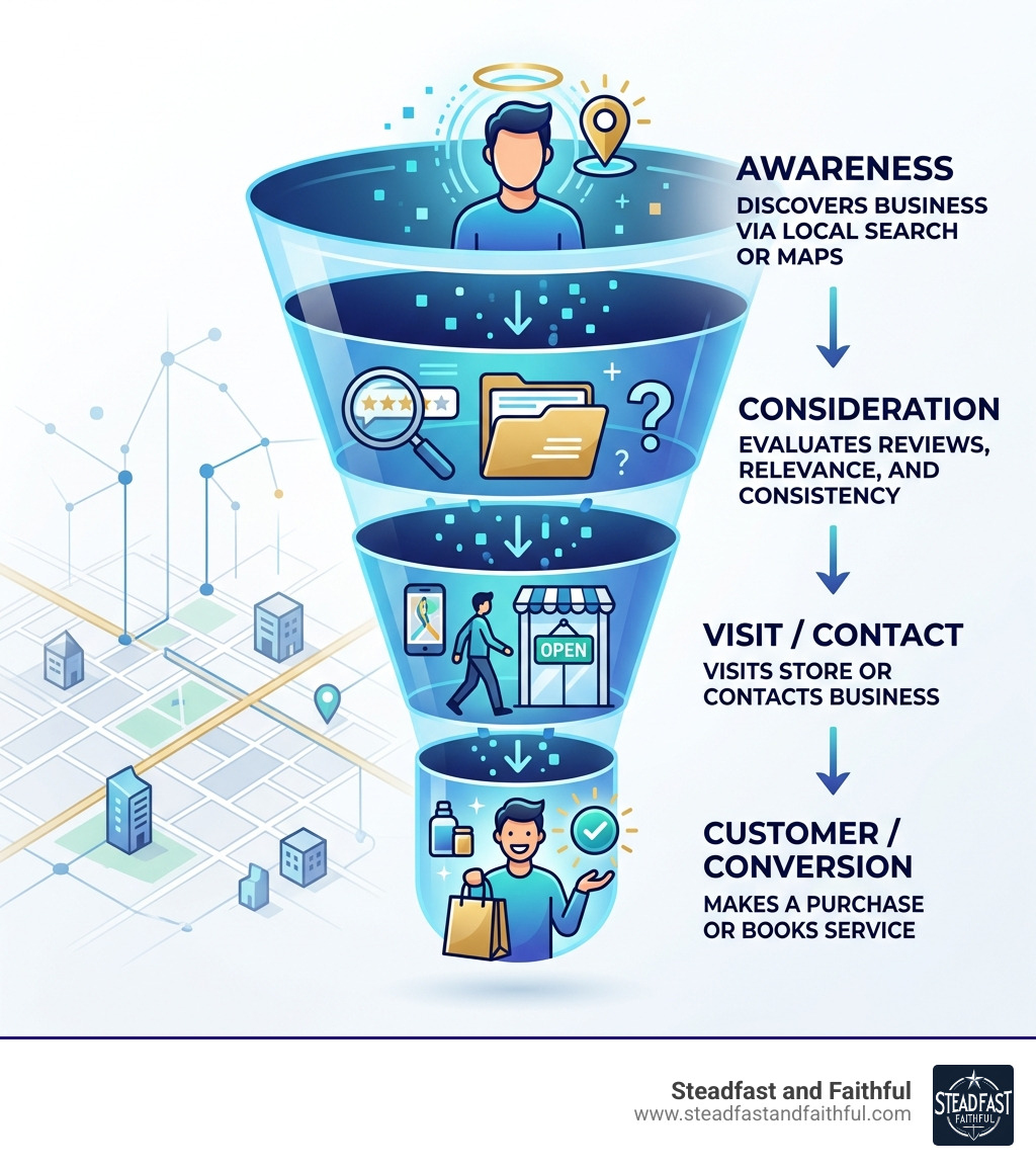 local search conversion funnel showing awareness to visit to customer - local seo services infographic local search conversion funnel showing awareness to visit to customer - local seo services infographic