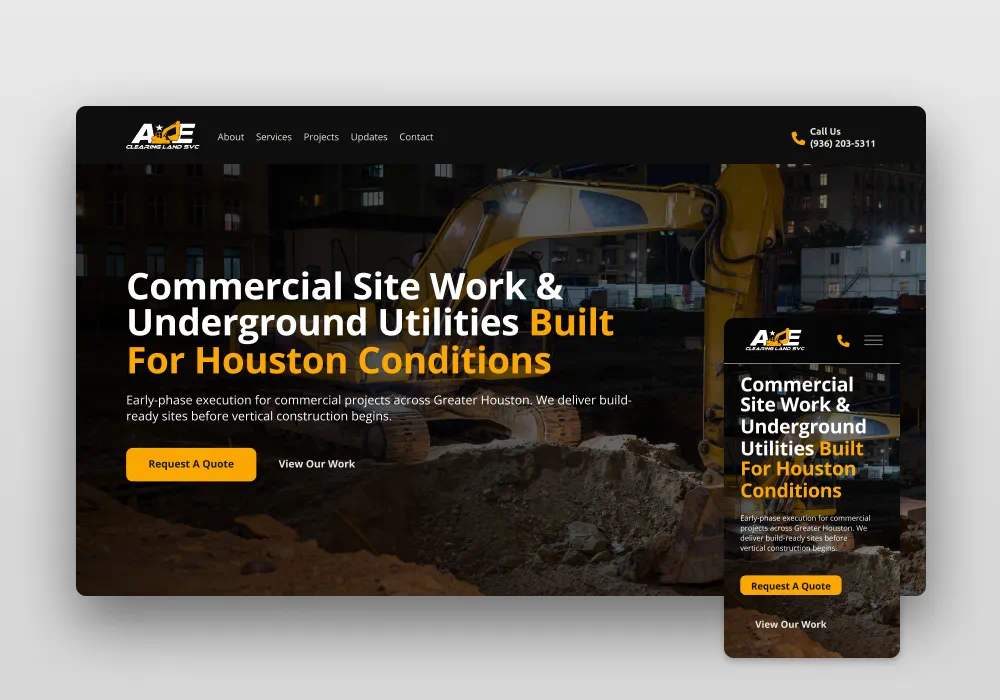 Website homepage design showing desktop and mobile version for A&E Land Services in Houston, Texas featuring an excavator digging in a construction site at night time with the heading "Commercial Site Work & Underground Utilities Built For Houston Conditions.